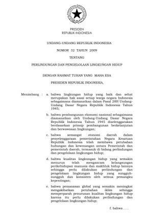 UU NO 32 TAHUN 2009 TENTANG PERLINGDUNGAN DAN PENGELOLAAN LINGKUNGAN HIDUP