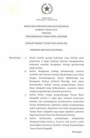 PERPRES NO 9 TAHUN 2019 TENTANG PENGEMBANGAN TAMAN BUMI (GEOPARK)